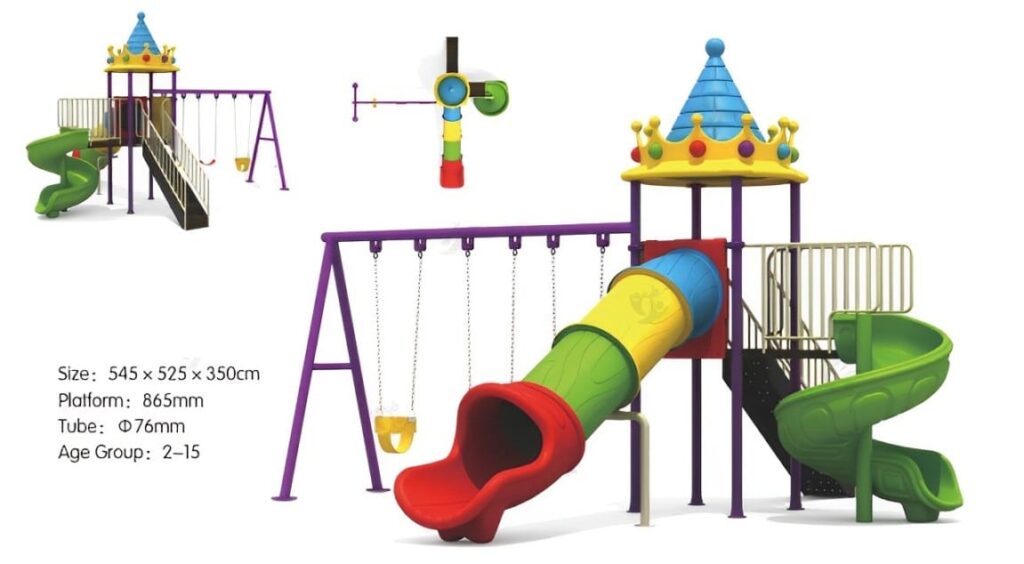 Outdoor Playground Toy with 2 Slides & 3 Swings with King Top Cap – Royal Design & Quality – Size 545x525x350 cm