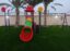 OUTDOOR PLAYGROUND TOY WITH 3 SWINGS, 2 SLIDES AND MONKEY BAR, BASKETBALL NET, SET SIZE; 750X540X320CM
