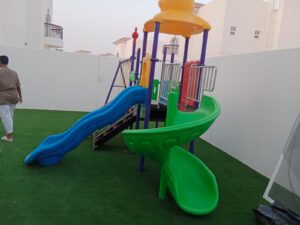 OUTDOOR PLAYGROUND TOY WITH 4 SLIDES, ONE NORMAL SWING AND A FAMILY SWING, SIZE; 736X305X350CM