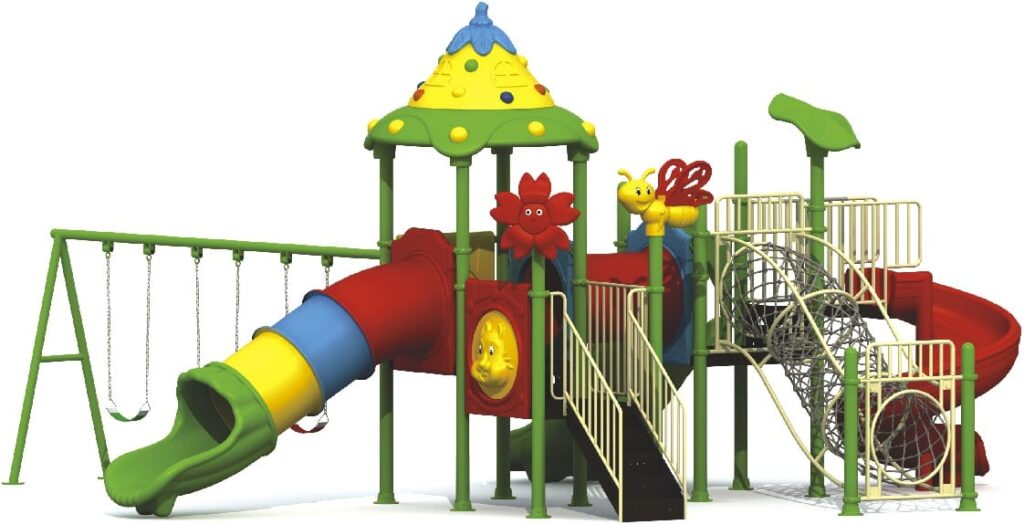 Outdoor Heavy Duty Playground Set for Kids – 4 Slides, 3 Swings & Climbing Net – Size: 855x665x410 cm