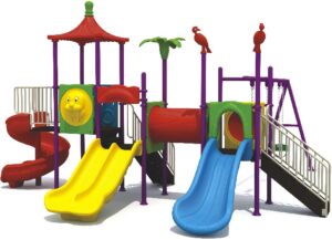 OUTDOOR PLAYGROUND TOY WITH 3SWINGS AND 4 SLIDES, SET SIZE ;625*640*350 CM