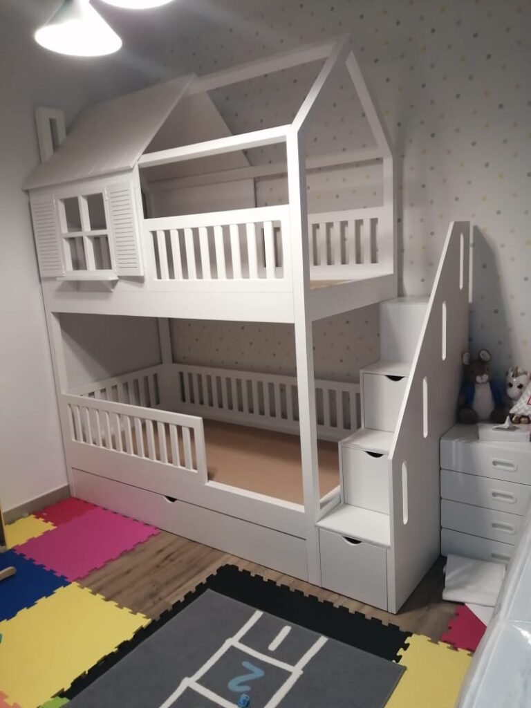 House-shaped bunk bed with stair and bottom drawers