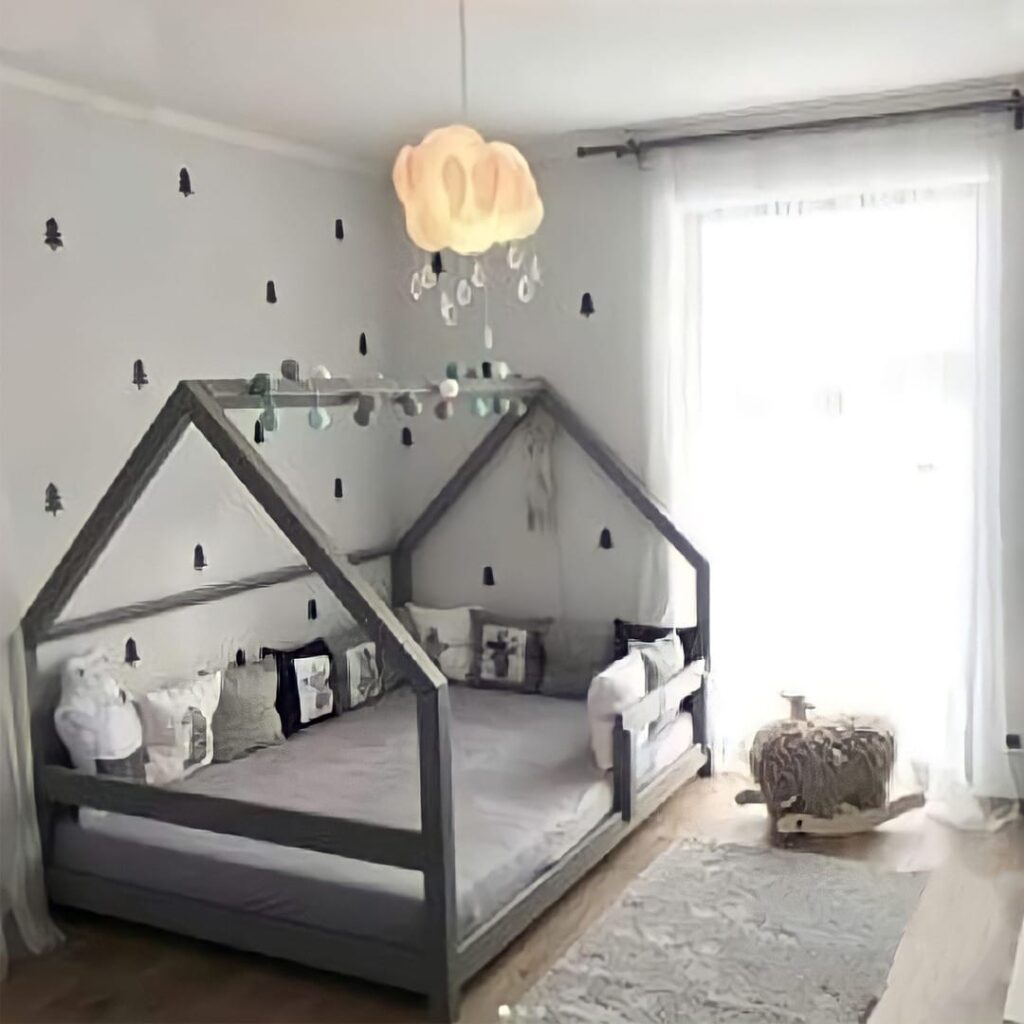 kid's bed-like house with columns and a fence