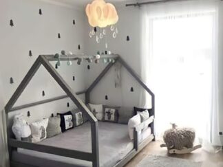 kid's bed-like house with columns and a fence