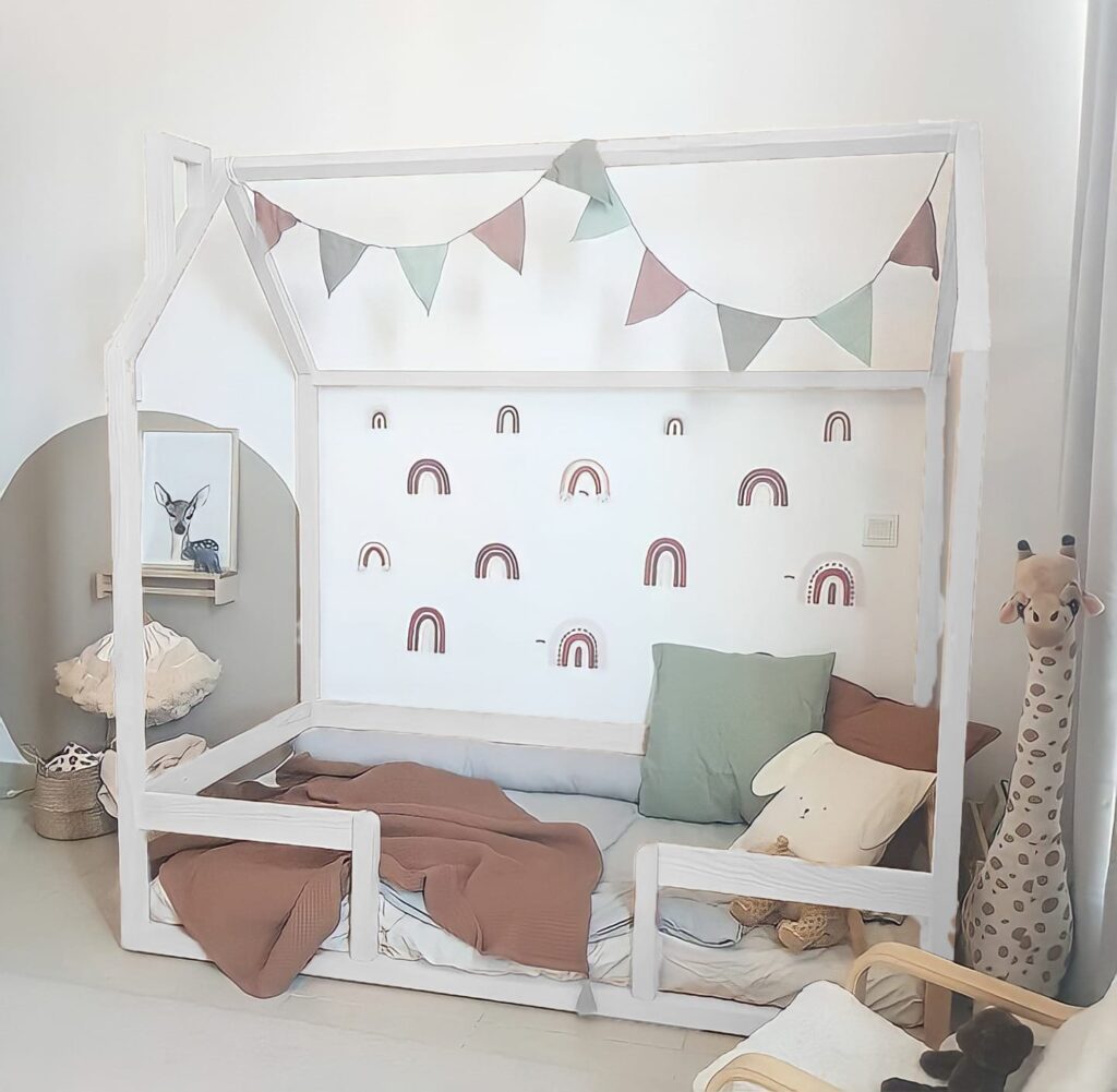 Bed like a thin wooden house with a fence