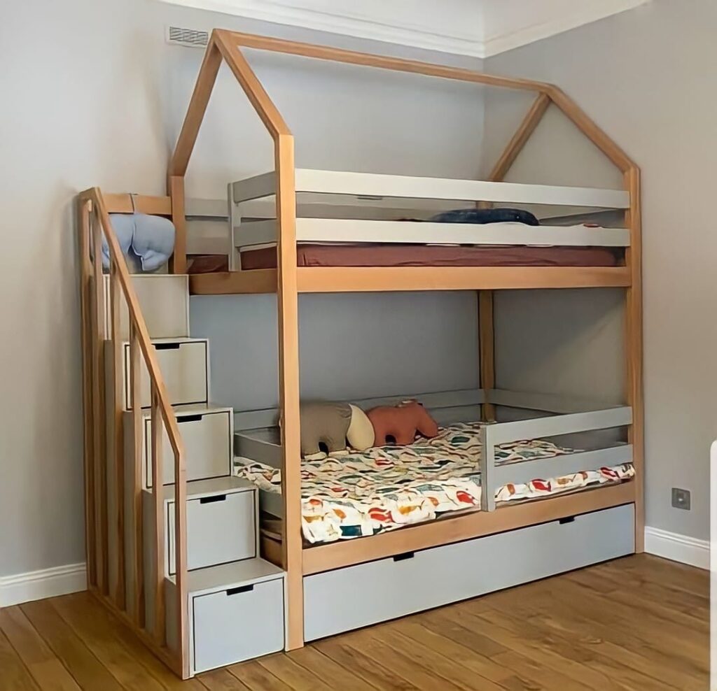 Bunk house shaped bed  with stair have a drawers