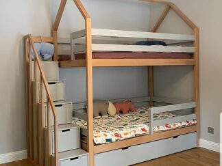 Bunk house shaped bed  with stair have a drawers