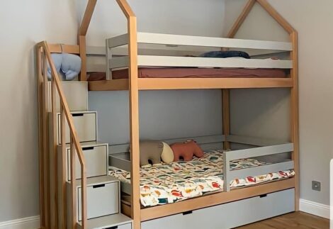 Bunk house shaped bed  with stair have a drawers