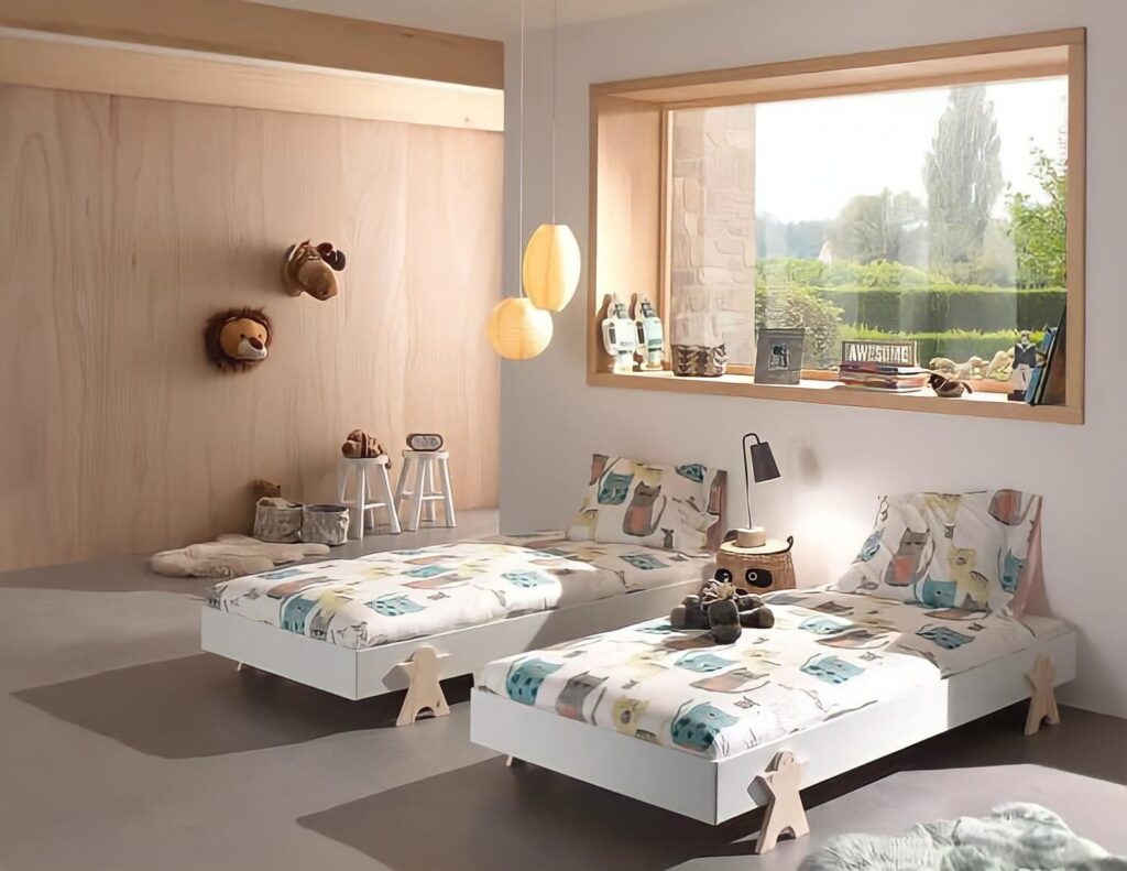 kid's bed without a headboard, with trestles have a shape.
