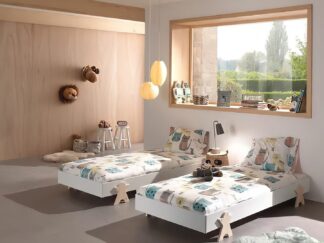 kid's bed without a headboard, with trestles have a shape.