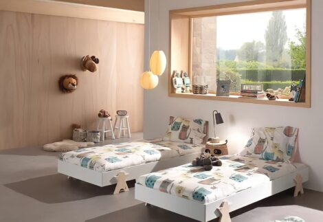 kid's bed without a headboard, with trestles have a shape.