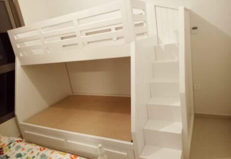Bunk bed has two different sizes.