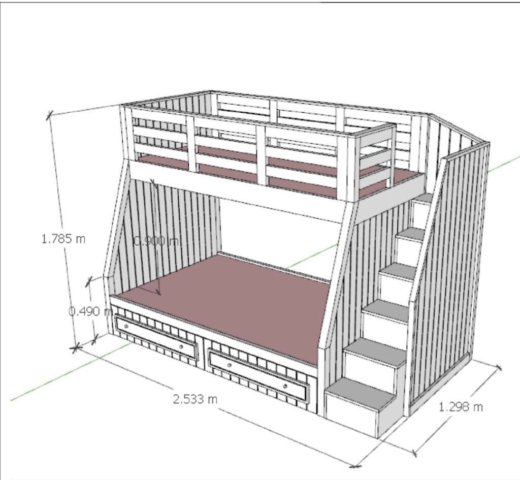 Bunk bed has two different sizes.