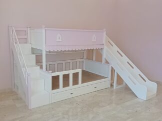Bunk bed with a slide, stair, and CNC house shapes