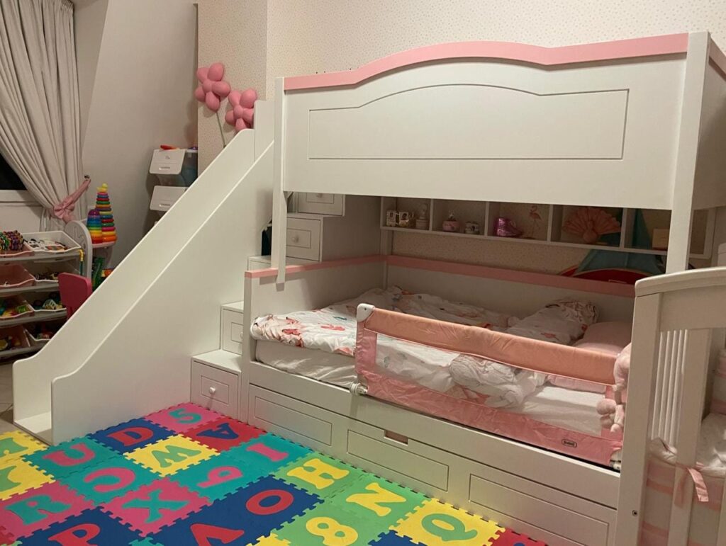 Bunk bed with stair and top arch railing