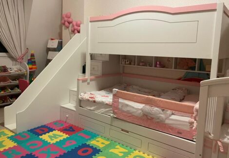 Bunk bed with stair and top arch railing