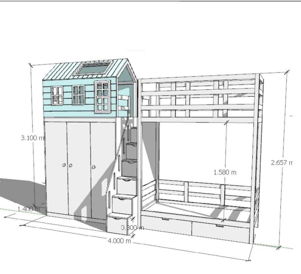 Bunk bed with wardrobe and play area upstairs