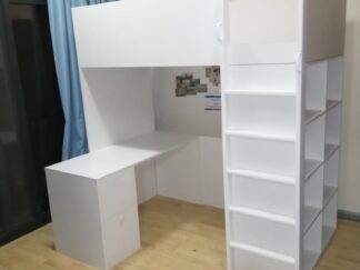 Loft bed with lower desk with ladder and side shelves