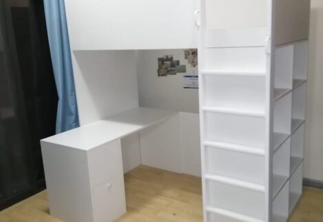 Loft bed with lower desk with ladder and side shelves