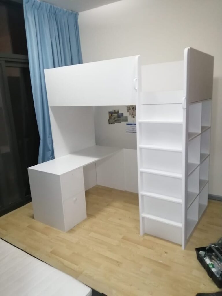 Loft bed with lower desk with ladder and side shelves