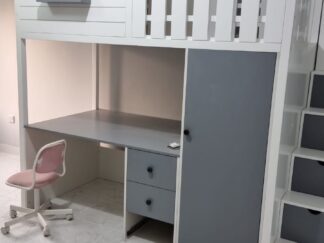 Railing loft bed with side drawer and desk below with wardrobe
