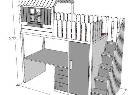 Railing loft bed with side drawer and desk below with wardrobe
