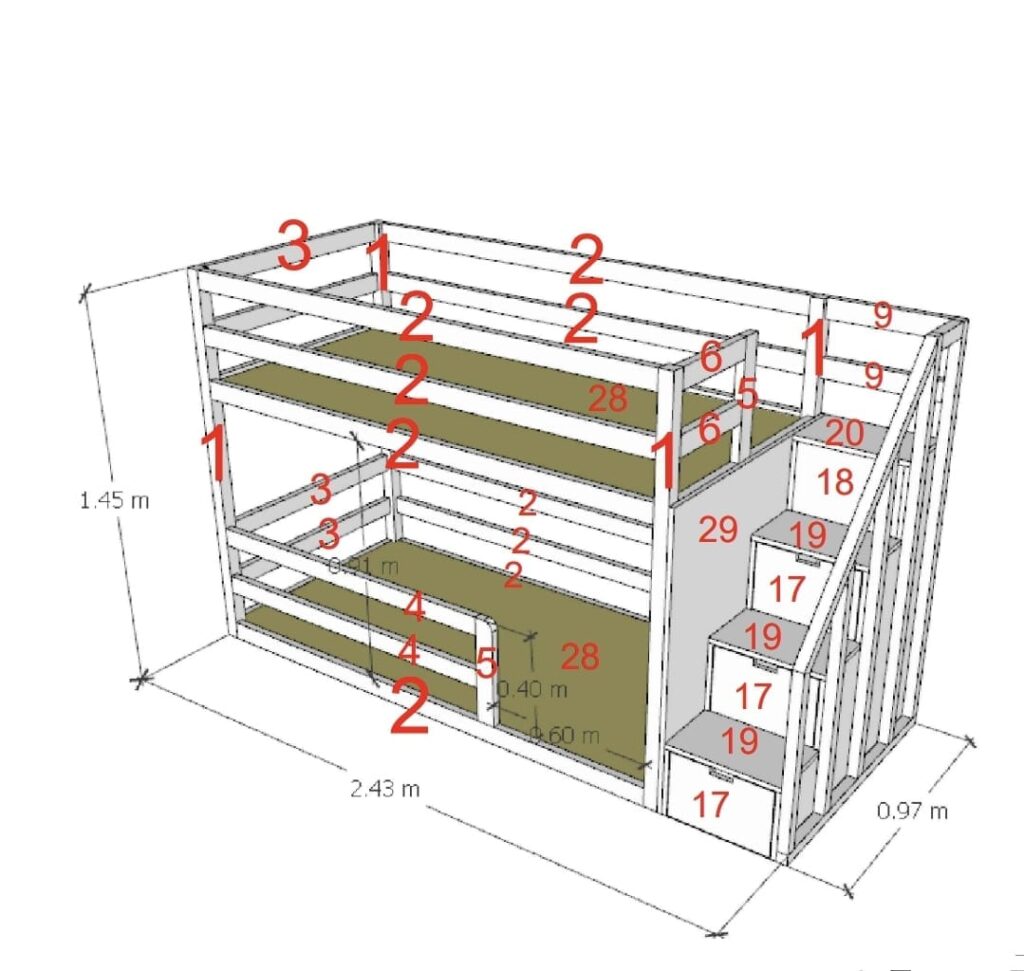 Bunk bed with stairs, bottom bed directly on the floor