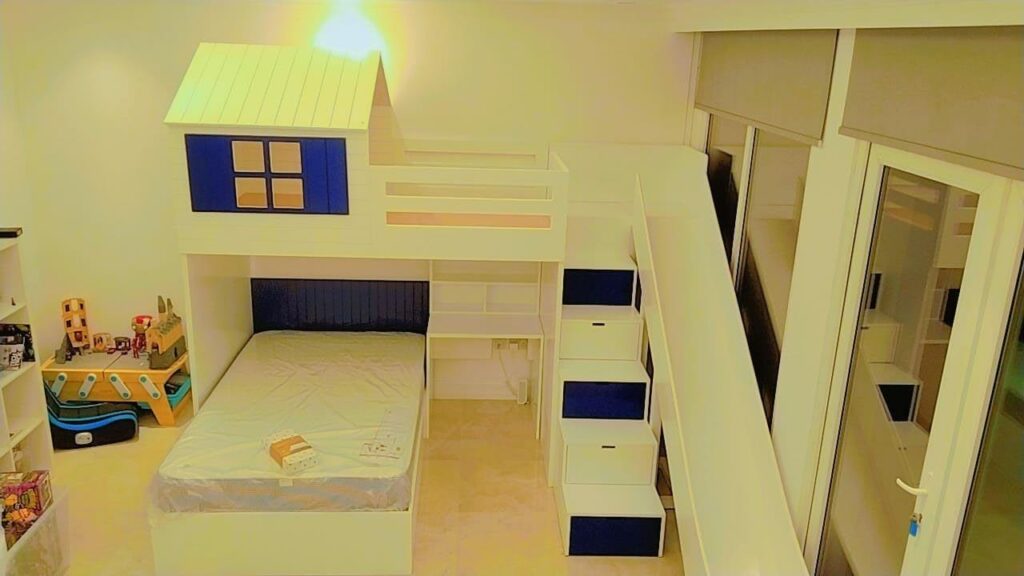 Bunk bed with desk and stair with storage drawers and slide