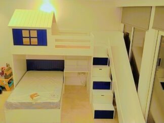 Bunk bed with desk and stair with storage drawers and slide