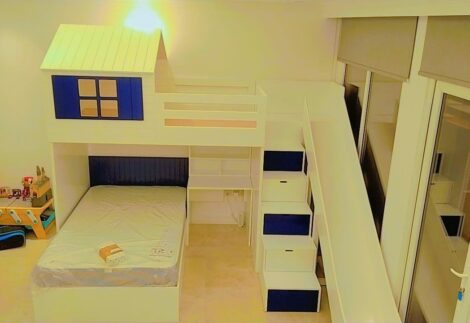 Bunk bed with desk and stair with storage drawers and slide