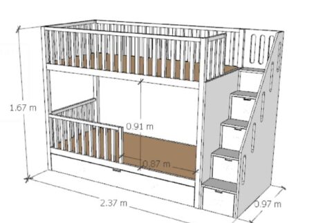 Bunk bed with stairs, the lower bed has stairs underneath it