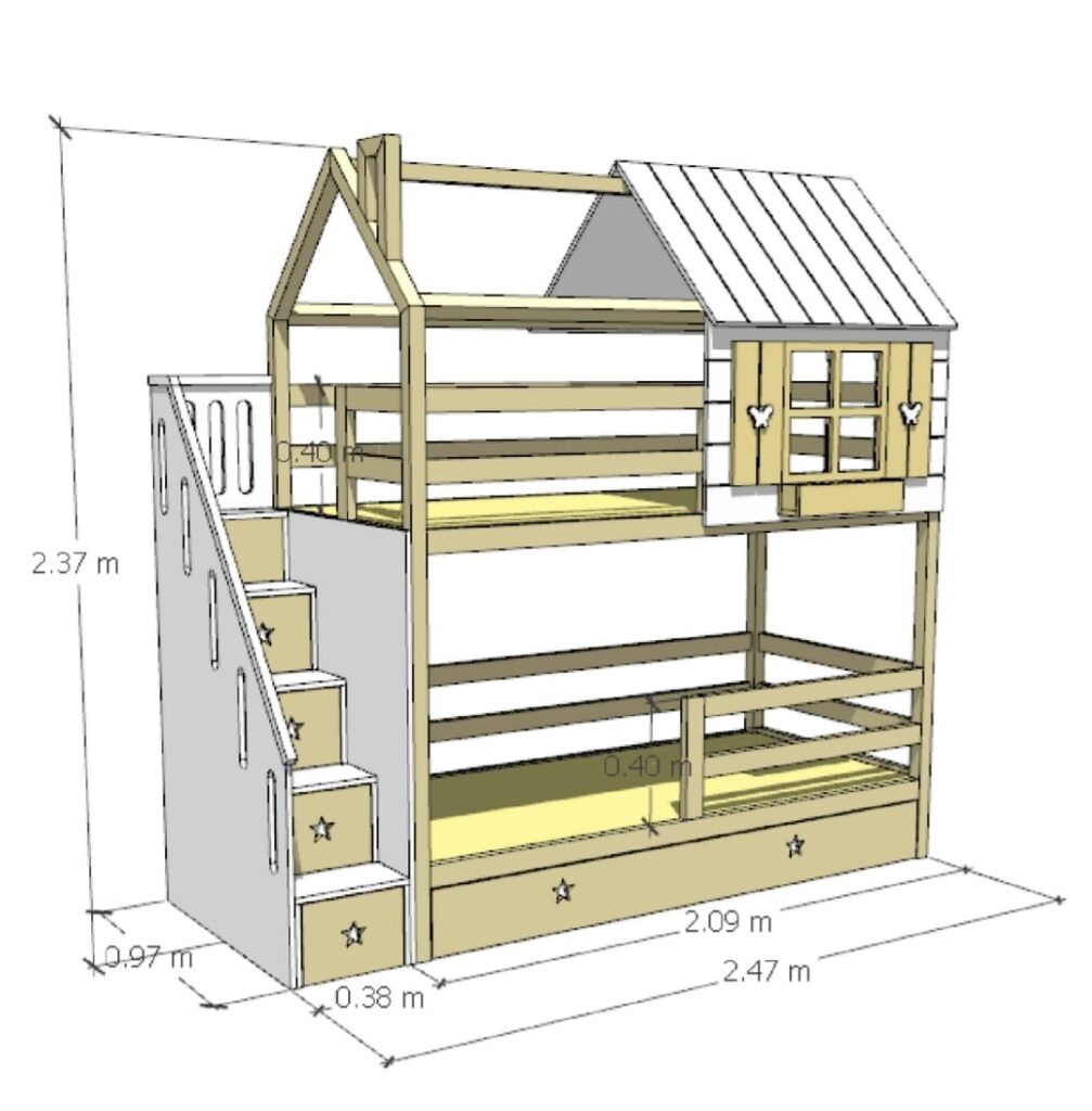 Bunk bed with star handles and butterfly windows