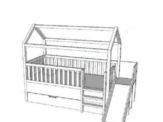 A bed with a wooden top like a cottage, with a small ladder and a small slide.