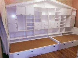 Two beds with large side storage shelves
