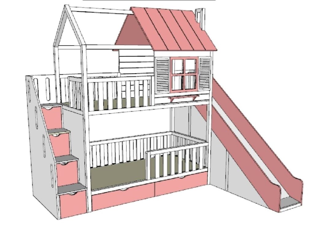 Bunk cottage bed with stairs, slide and protection walls