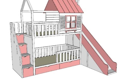 Bunk cottage bed with stairs, slide and protection walls