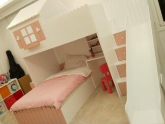 cottage style bed with window at top, desk at bottom, side stairs and slide