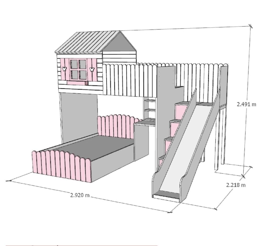cottage style bed with window at top, desk at bottom, side stairs and slide