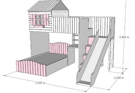 cottage style bed with window at top, desk at bottom, side stairs and slide