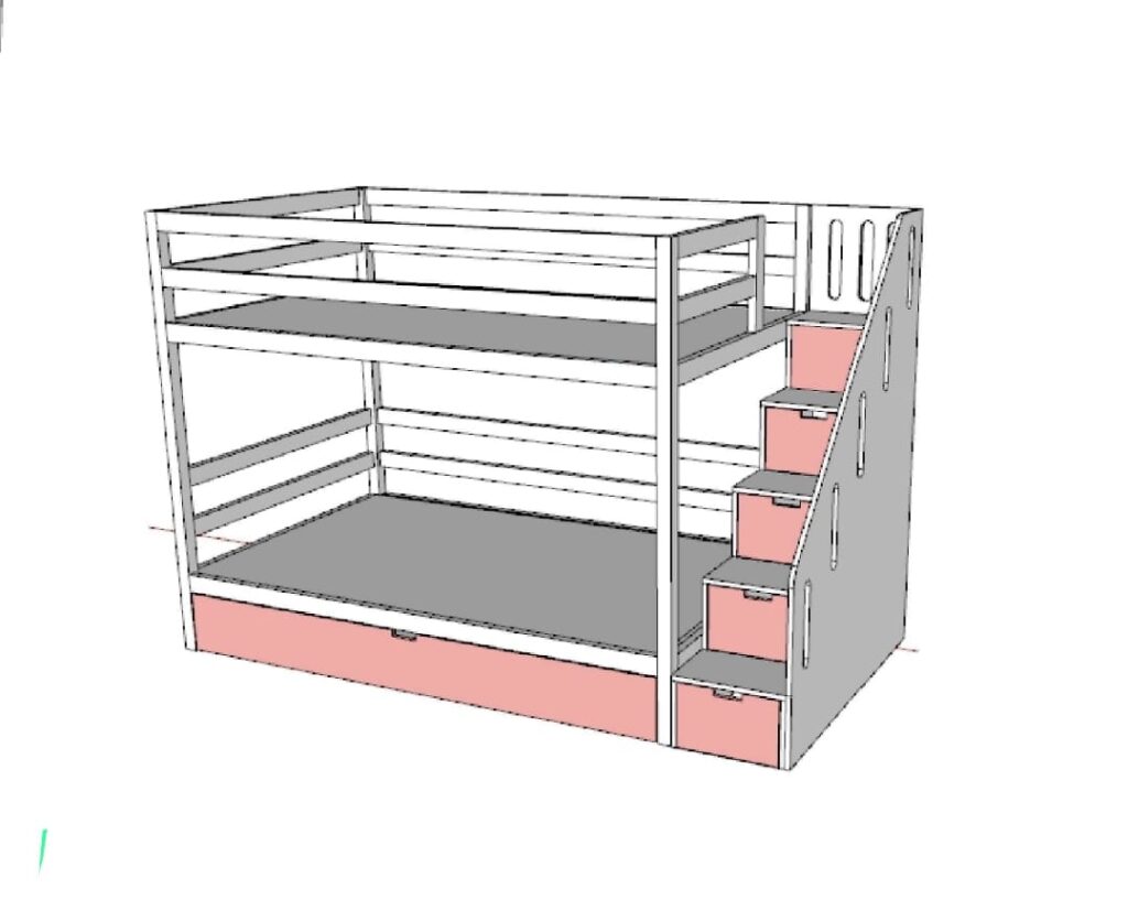 Bunk bed with storage drawers under the stairs and a lower drawer under the bed that can be used as a third bed