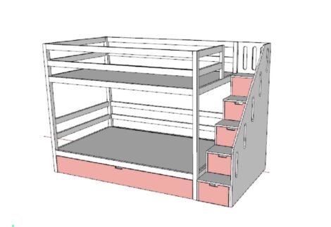 Bunk bed with storage drawers under the stairs and a lower drawer under the bed that can be used as a third bed