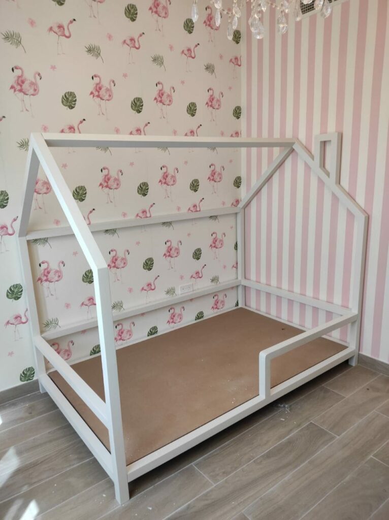 Wooden bed frame and chimney