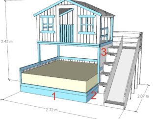 bunk house shaped- bed above, with ground raised slatted bed