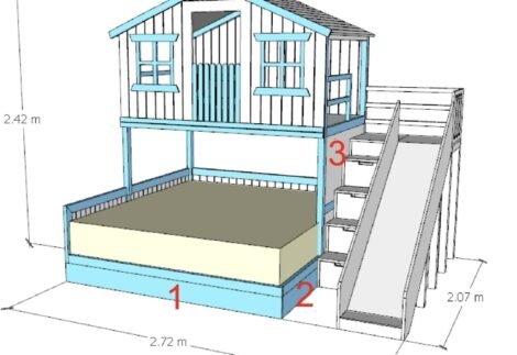 bunk house shaped- bed above, with ground raised slatted bed