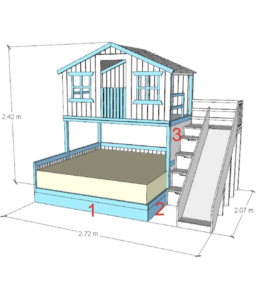 bunk house shaped- bed above, with ground raised slatted bed