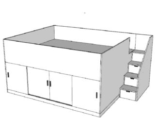 Loft bed with large storage space underneath and stairs with storage drawers