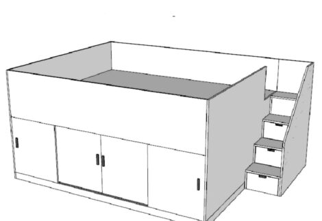 Loft bed with large storage space underneath and stairs with storage drawers