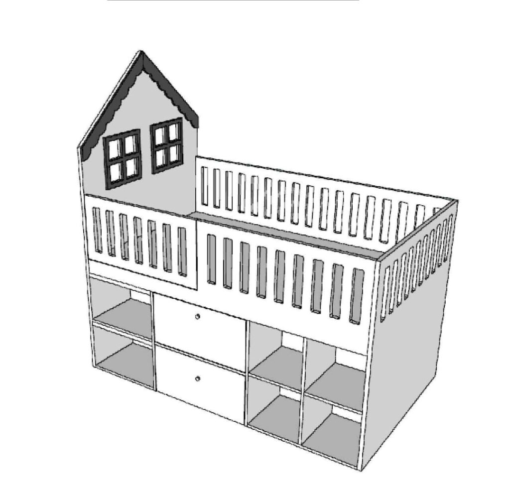 Loft bed with windows, has storage space and lower shelves