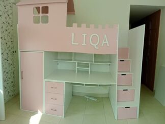 Loft bed, Below it is a large desk and a closet, with stairs with storage drawers.
