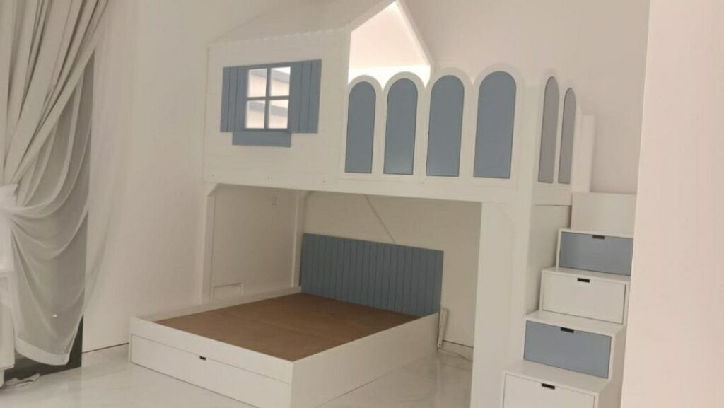 Bunk bed has a small upper hut, lower bed, lower side shelves, stair and slide